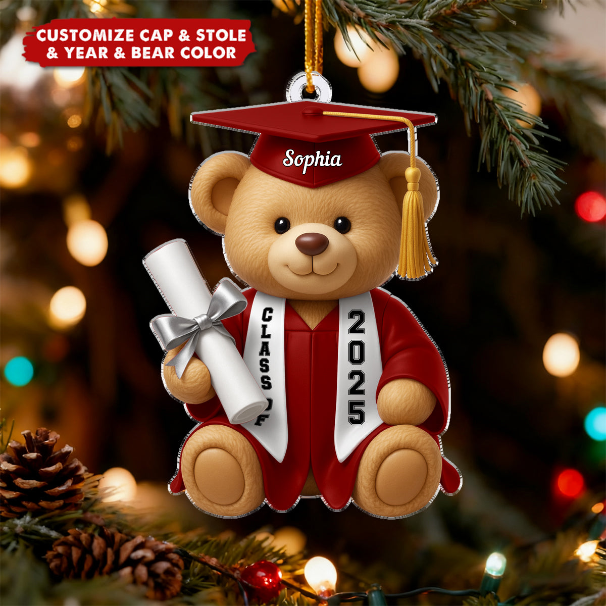 Graduation Bear Flat Design Personalized Acrylic Ornament - Gift For Daughter, Son