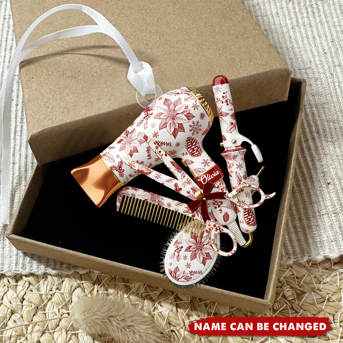Personalized Hairstylist Toile de Jouy Cosmetology Bag Christmas Ornament - Gift for Stylist, Barber, or Salon Owner