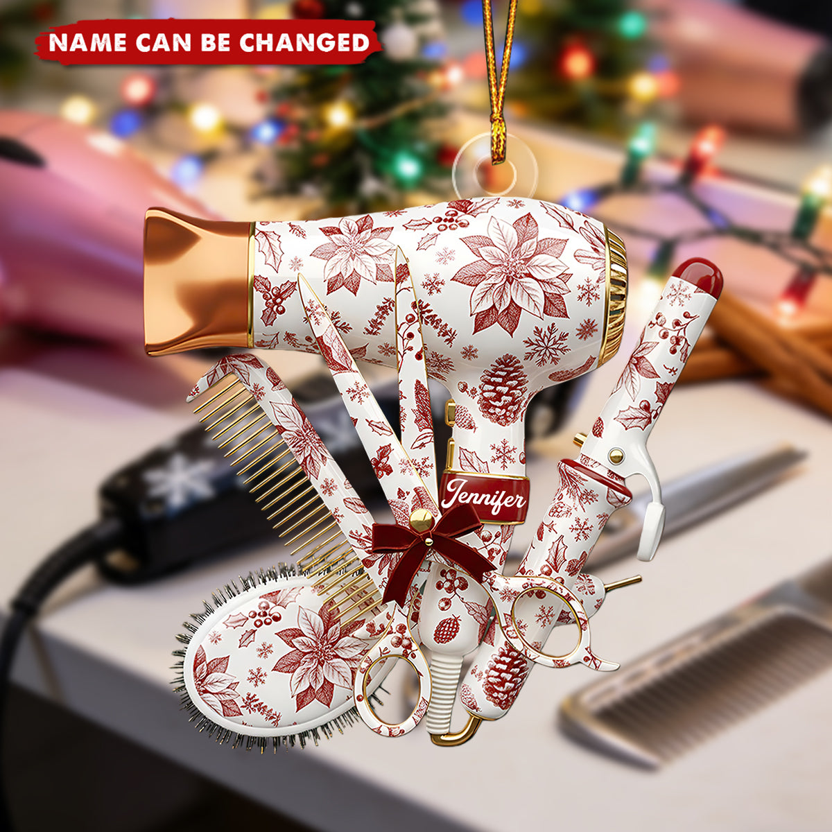 Personalized Hairstylist Toile de Jouy Cosmetology Bag Christmas Ornament - Gift for Stylist, Barber, or Salon Owner