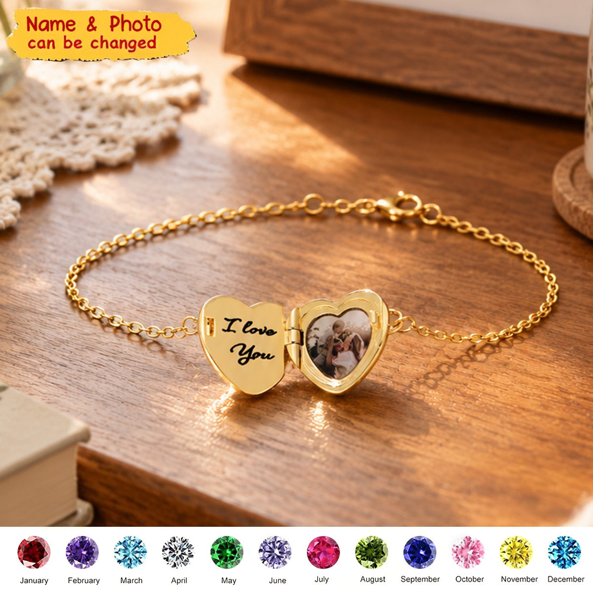 Custom Birthstone Heart Photo Memorial Bracelet