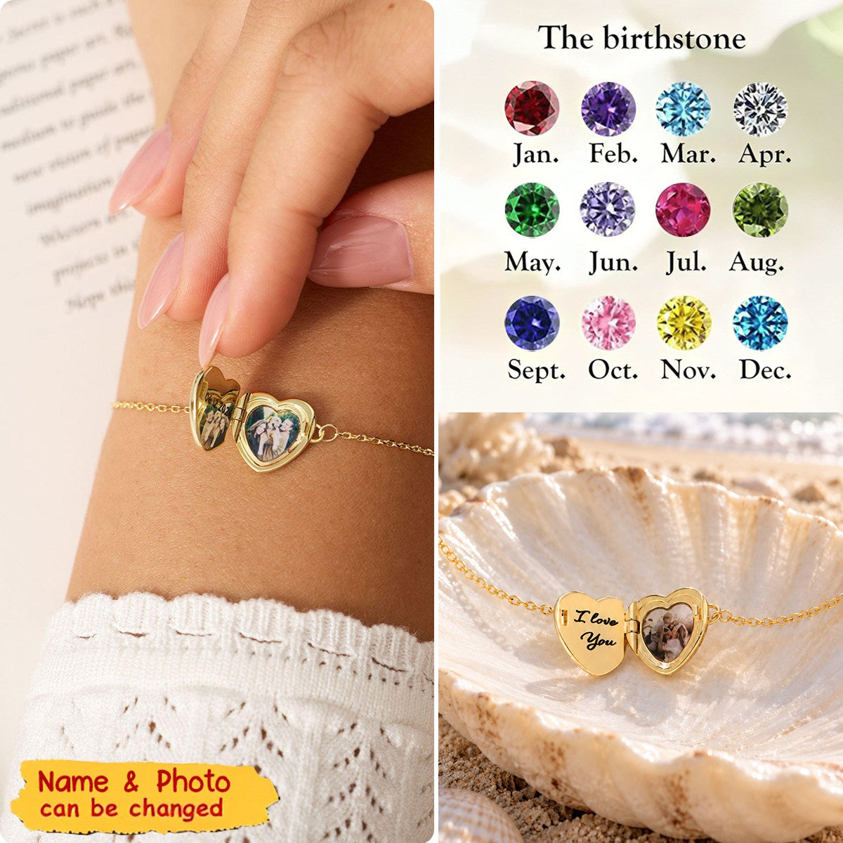 Custom Birthstone Heart Photo Memorial Bracelet