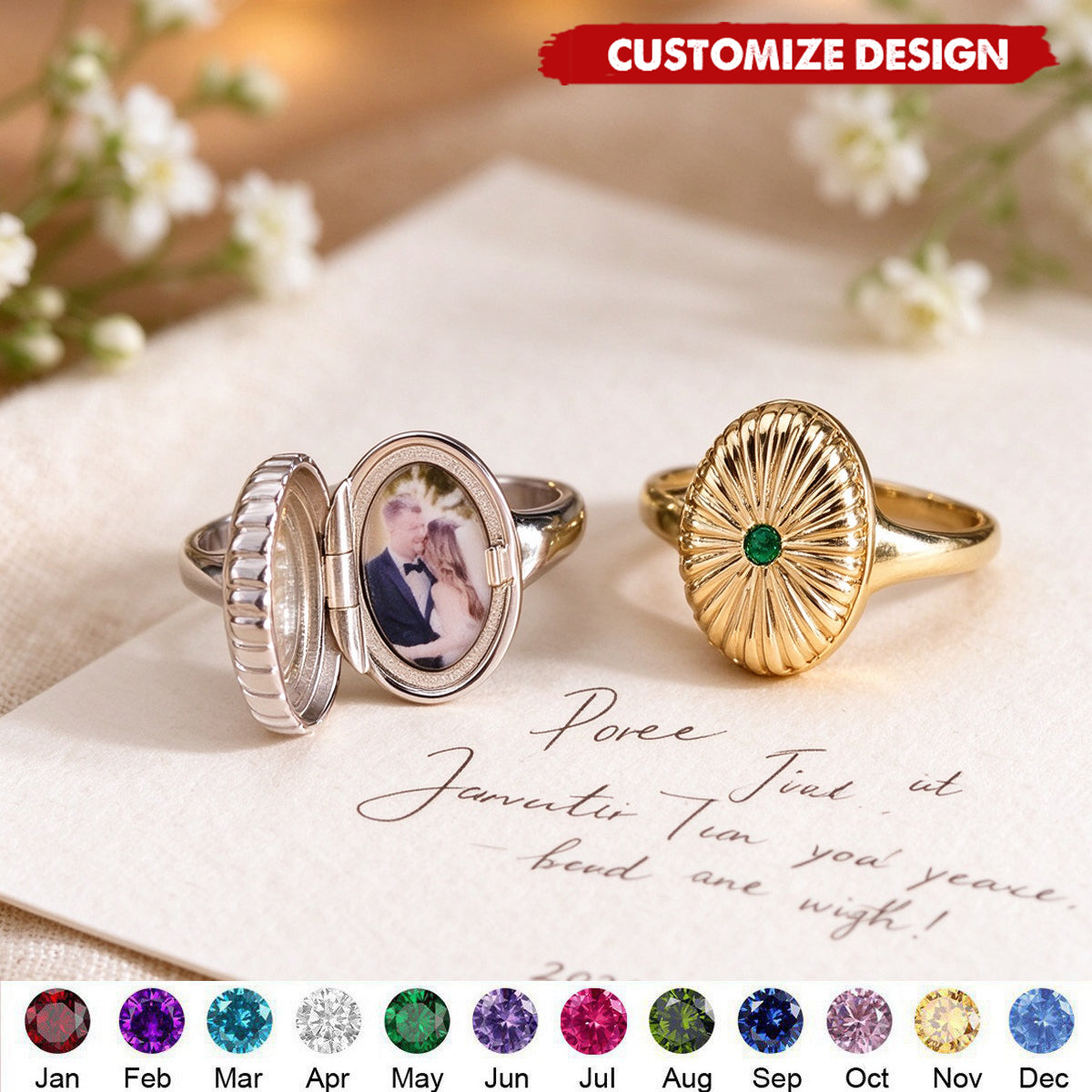 Custom Birthstone Family Rings - Oval Locket Photo Rings