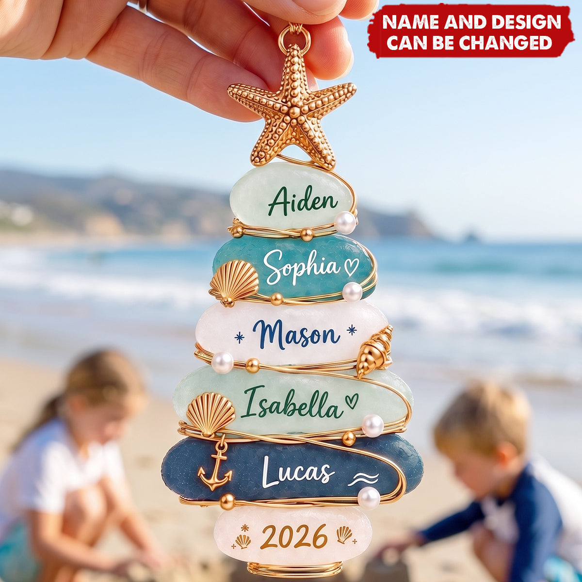 Personalized Family Christmas Ornament, Custom Name Beach Family Tree Acrylic Ornament