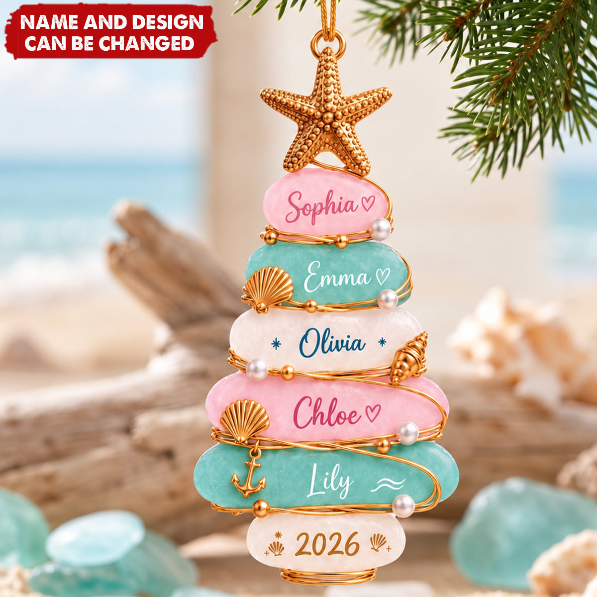 Personalized Family Christmas Ornament, Custom Name Beach Family Tree Acrylic Ornament