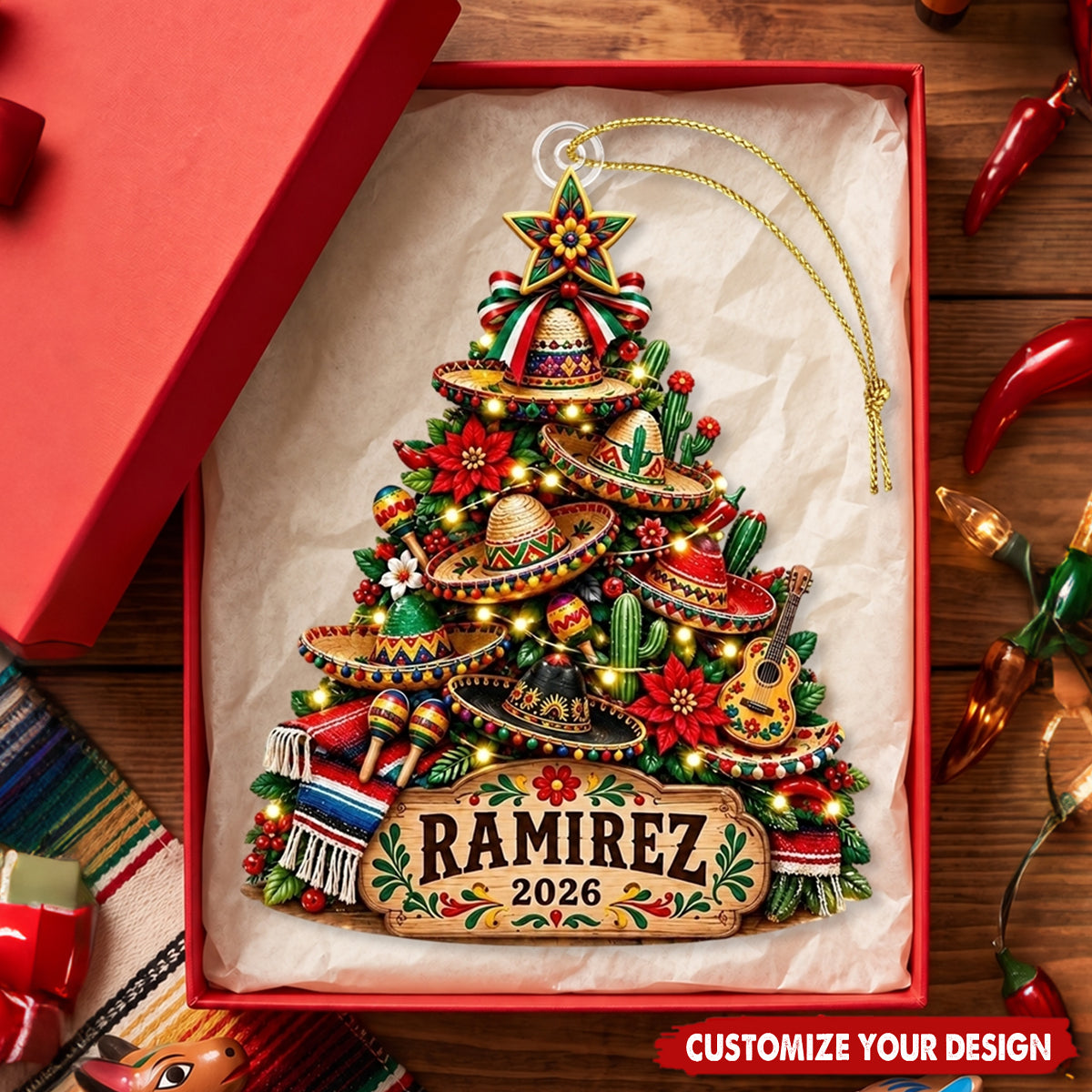 Personalized Mexican Christmas Tree Ornament, Custom Name Acrylic Ornament 2026
