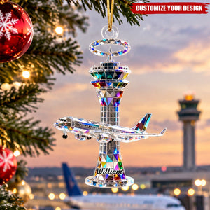 Personalized Airplane Tower Christmas Ornament, Custom Name Airplane Ornament