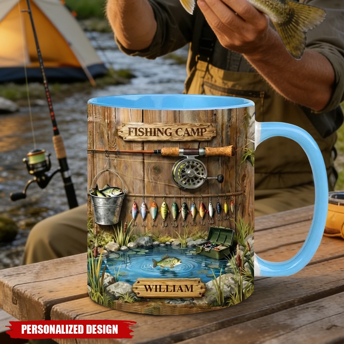 Personalized Fishing Camp Ceramic Mug with Name, Gift for Dad Grandpa Fishing Enthusiast