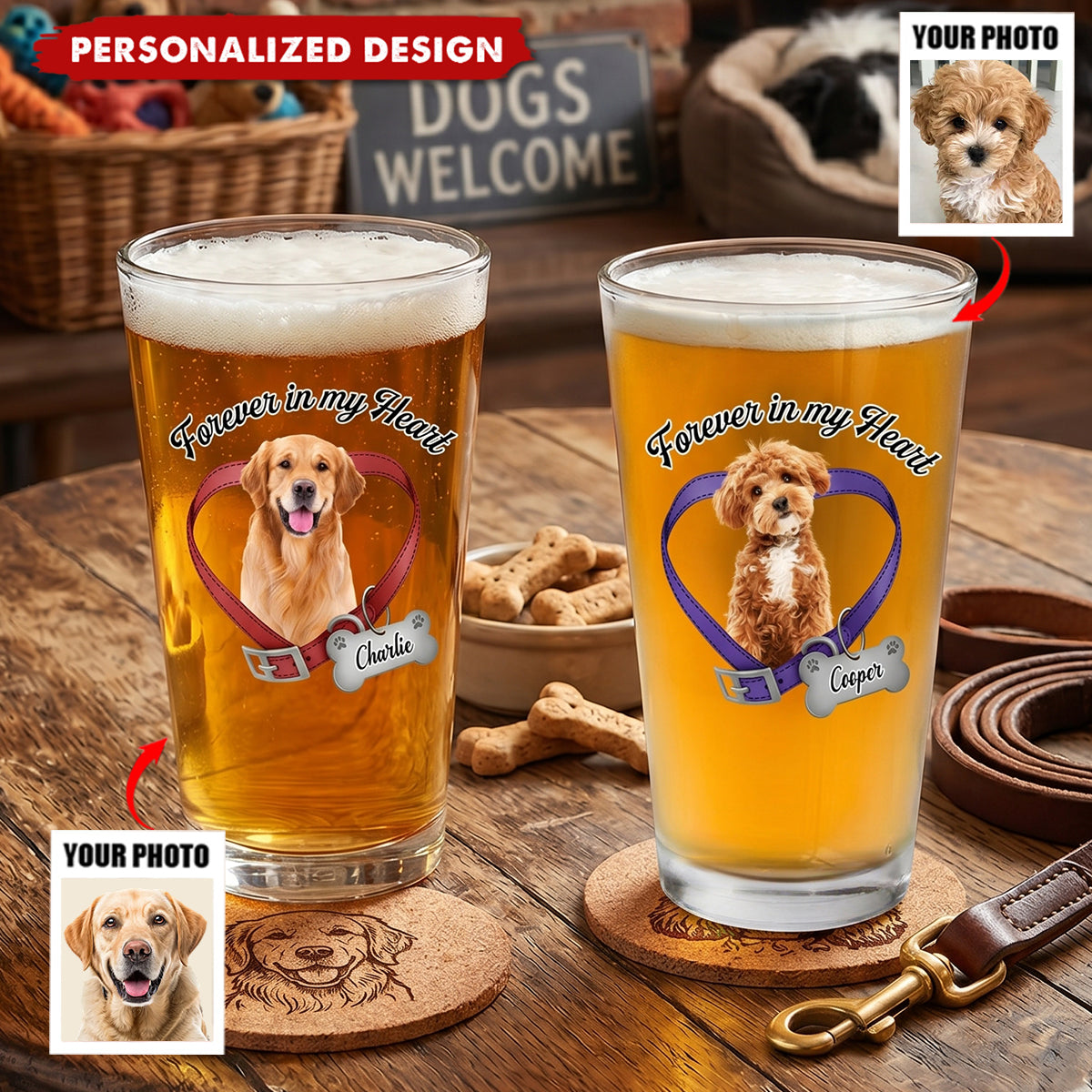 Custom Memorial Photo Forever In My Heart - Personlized Beer Glass For Dog Lovers