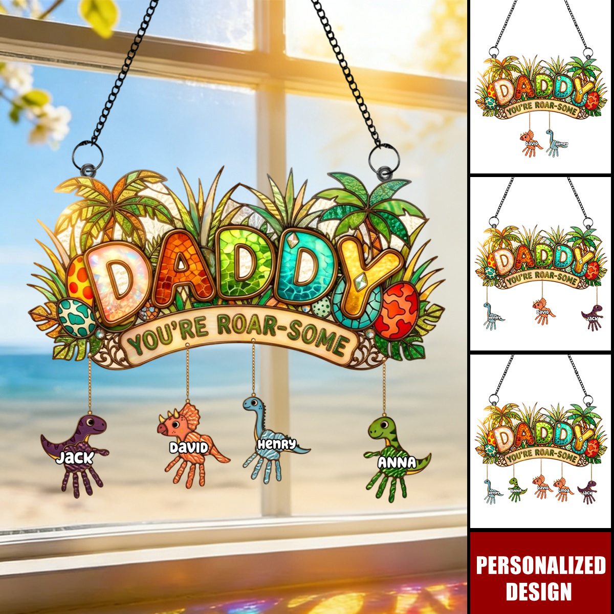 Tiny Roarsome Dino - Personalized Suncatcher Ornament - Father Day Gift For Dad