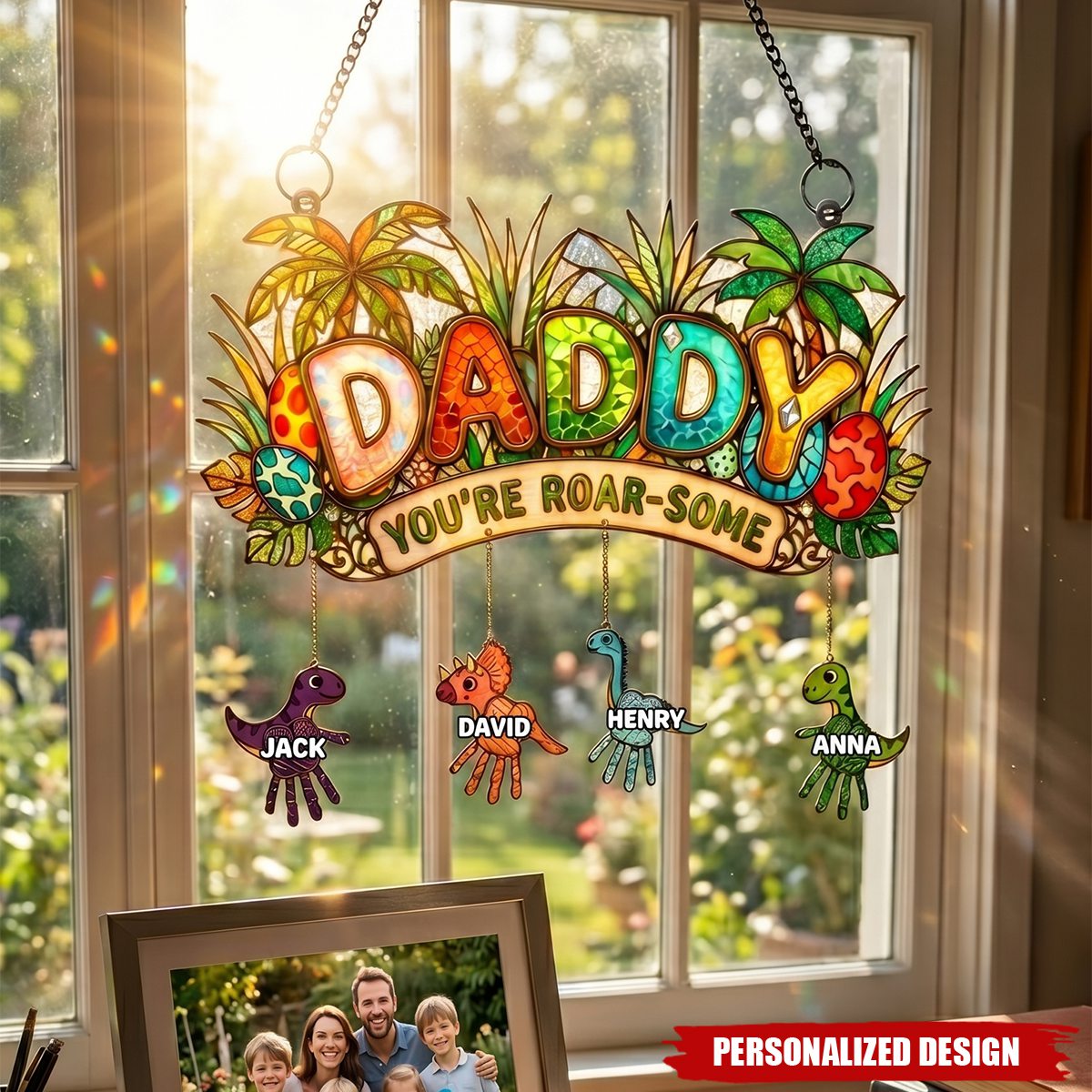 Tiny Roarsome Dino - Personalized Suncatcher Ornament - Father Day Gift For Dad