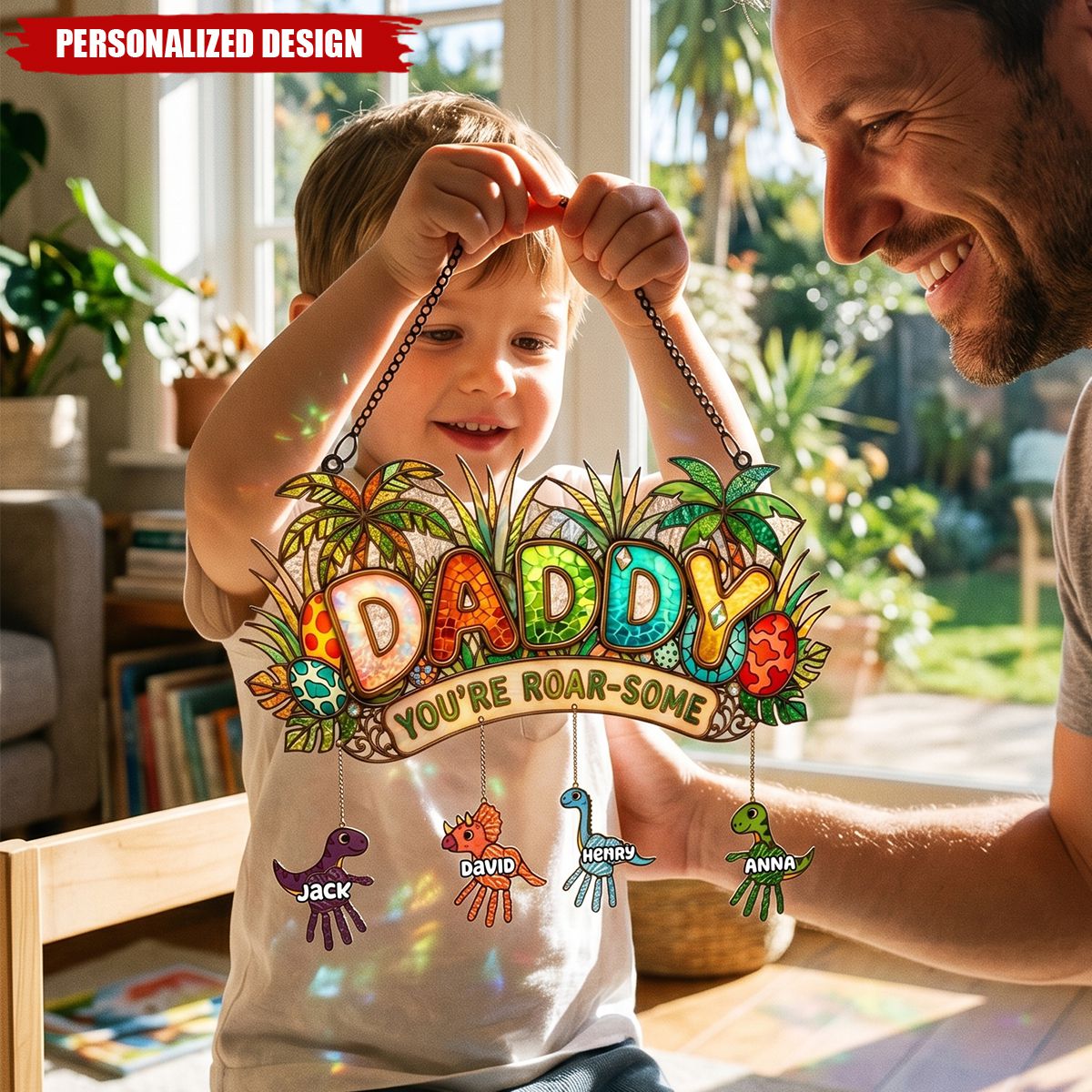 Tiny Roarsome Dino - Personalized Suncatcher Ornament - Father Day Gift For Dad