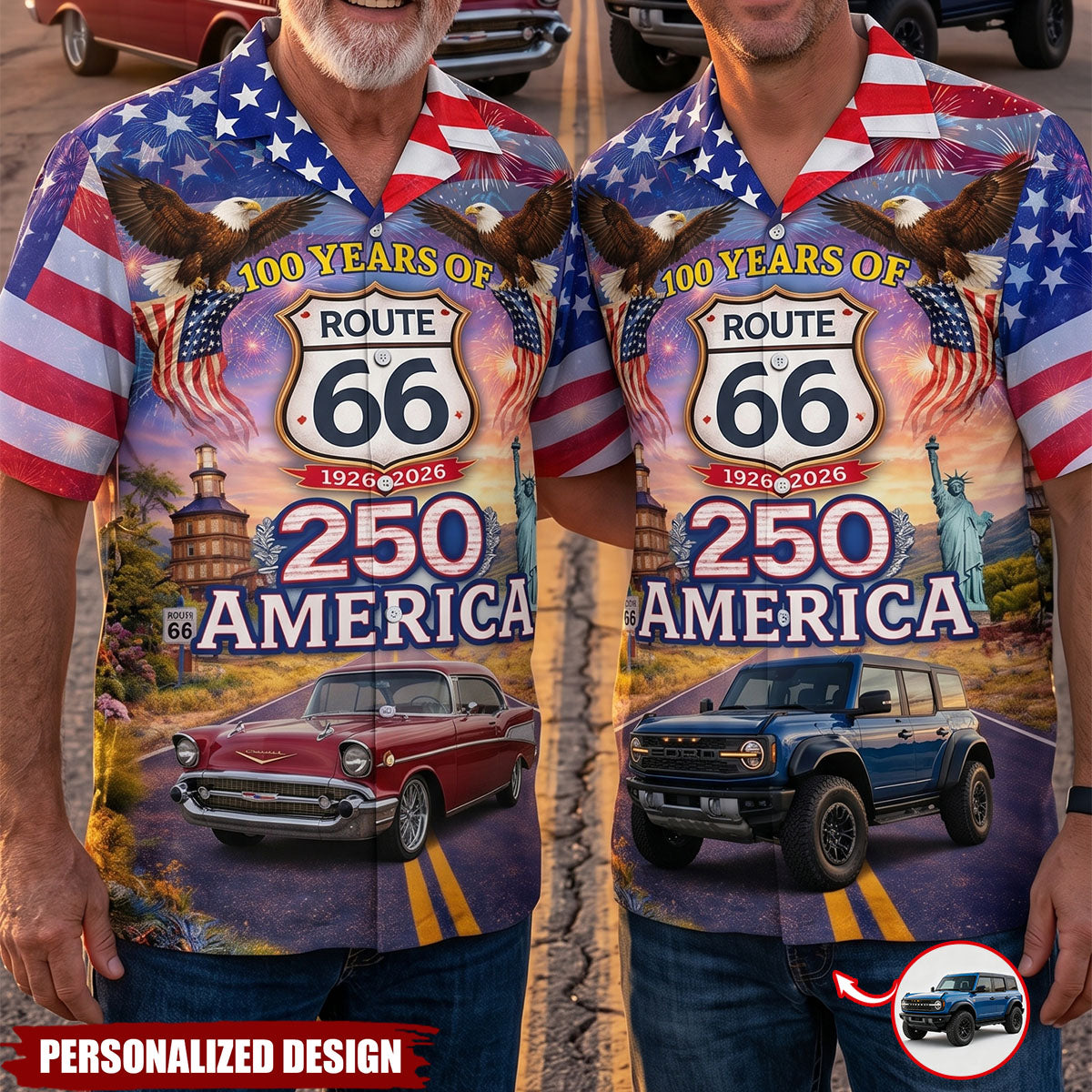 Celebrate America 250th Anniversary - Custom Car Photo Route 66 Hawaiian Shirt
