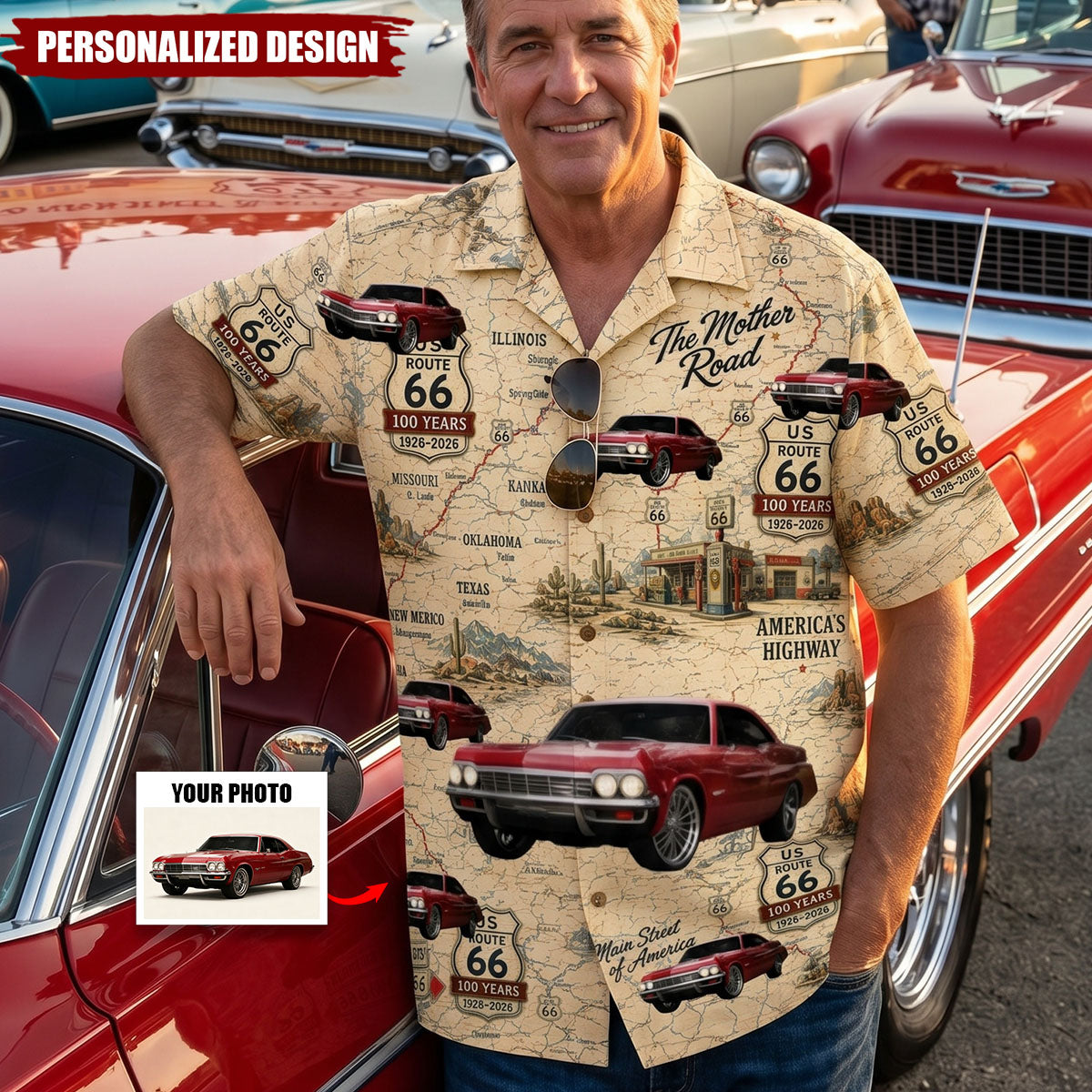 Vintage Highway Custom Car Photo Aniversary Hawaiian Shirt