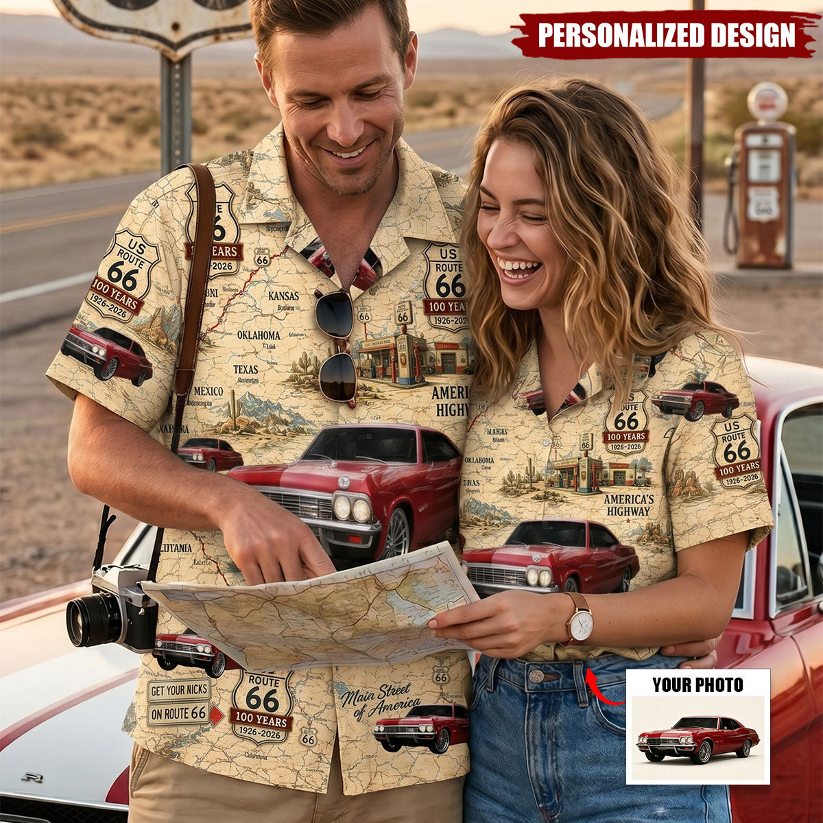 Vintage Highway Custom Car Photo Aniversary Hawaiian Shirt