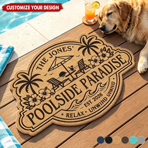 Custom Poolside Shaped Doormat - Personalized Summer Vacation And Travel Gifts For Mom, Dad, Brother, Sister, Kids - Welcome To Our Happy Place