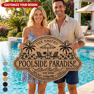 Custom Poolside Shaped Doormat - Personalized Summer Vacation And Travel Gifts For Mom, Dad, Brother, Sister, Kids - Welcome To Our Happy Place