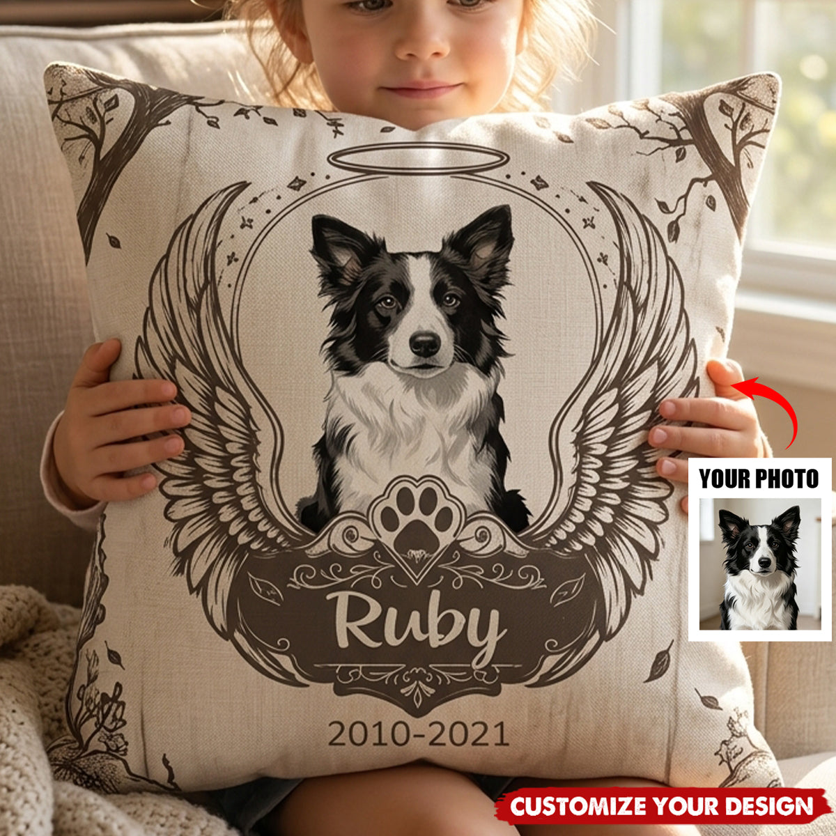 Personalized Pet Photo Paw Design Soft Throw Pillow Cover with Name and Year Sympathy Pet Loss Gift for Pet Owners