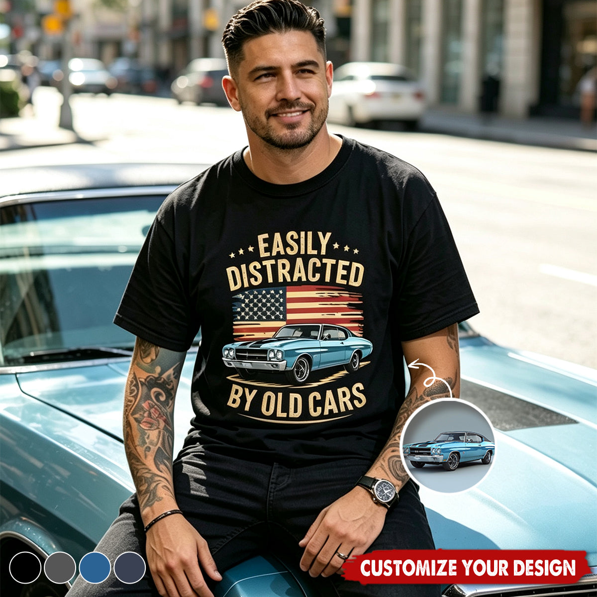 Custom Photo Easily Distracted by Old Cars Classic Car Guy Funny Vintage Dark Shirt