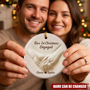 Our 1st Christmas Engaged, Hands With Ring, Custom Ceramic Ornament, Gift For Engaged Couples