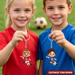 Personalized Cartoon Soccer Player Acrylic Keychain with Name and Number Daily Use Back to School Birthday Gift for Boys Girls