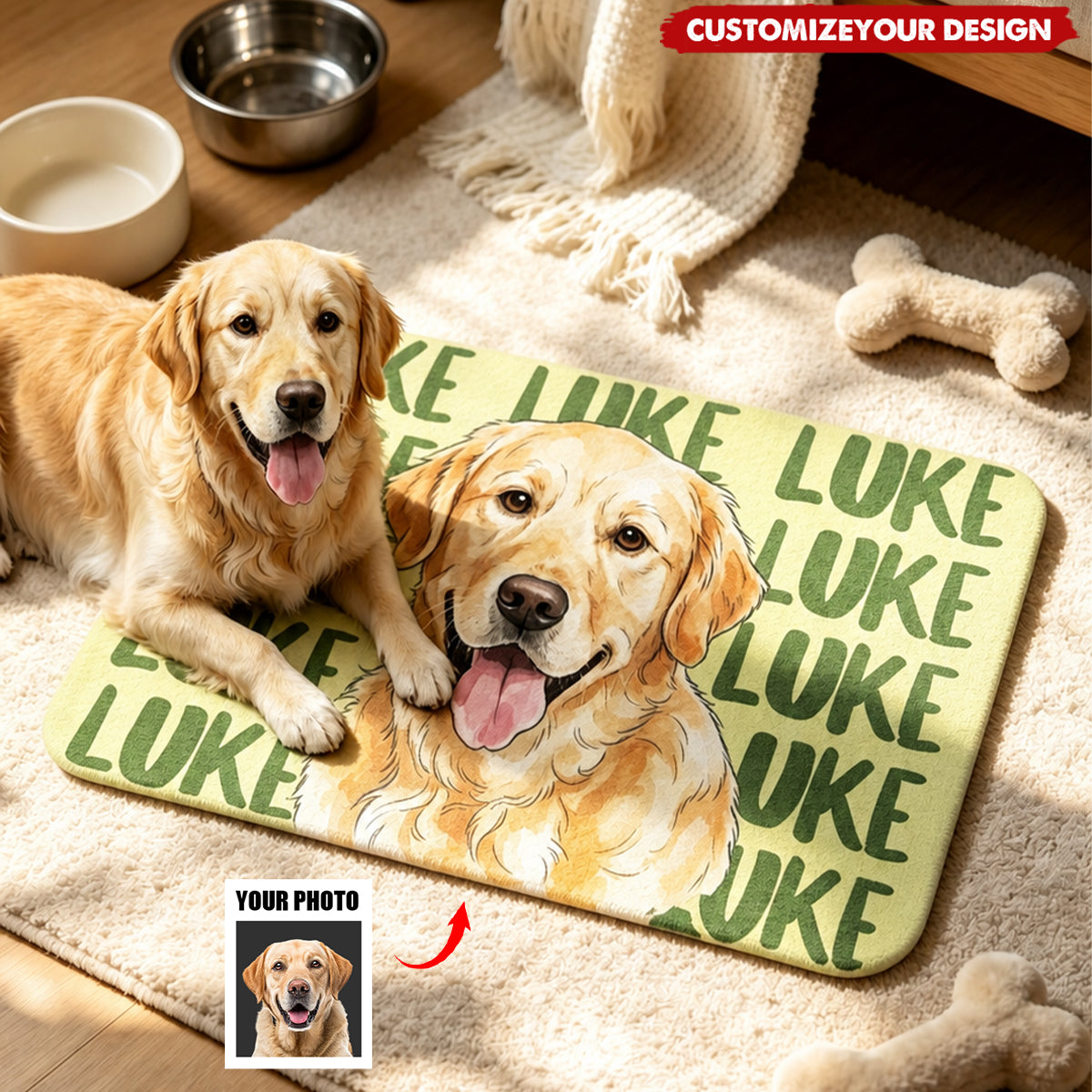 Personalized Hand-Painted Watercolor Photo Cat Dog Food Mat with Name Pet Supplies Birthday Gift for Pet Owners Lovers