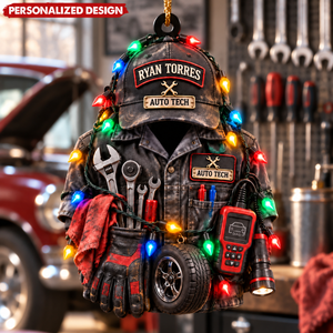 Personalized Mechanic Hat Jacket Ornament, Custom Auto Shop Tech Keepsake