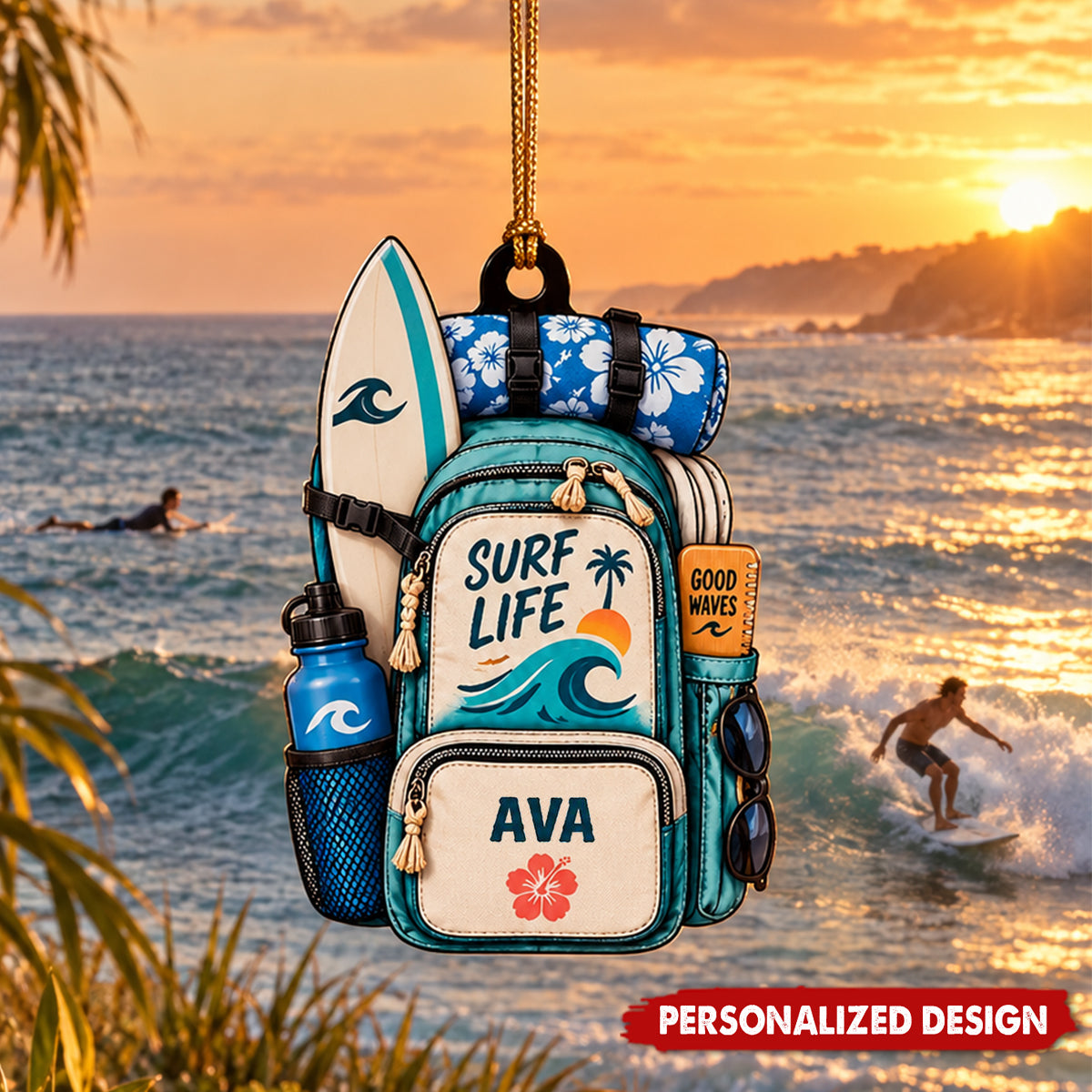 Custom Surfing Backpack Christmas Ornament, Personalized Name Surfboard Tree Decor