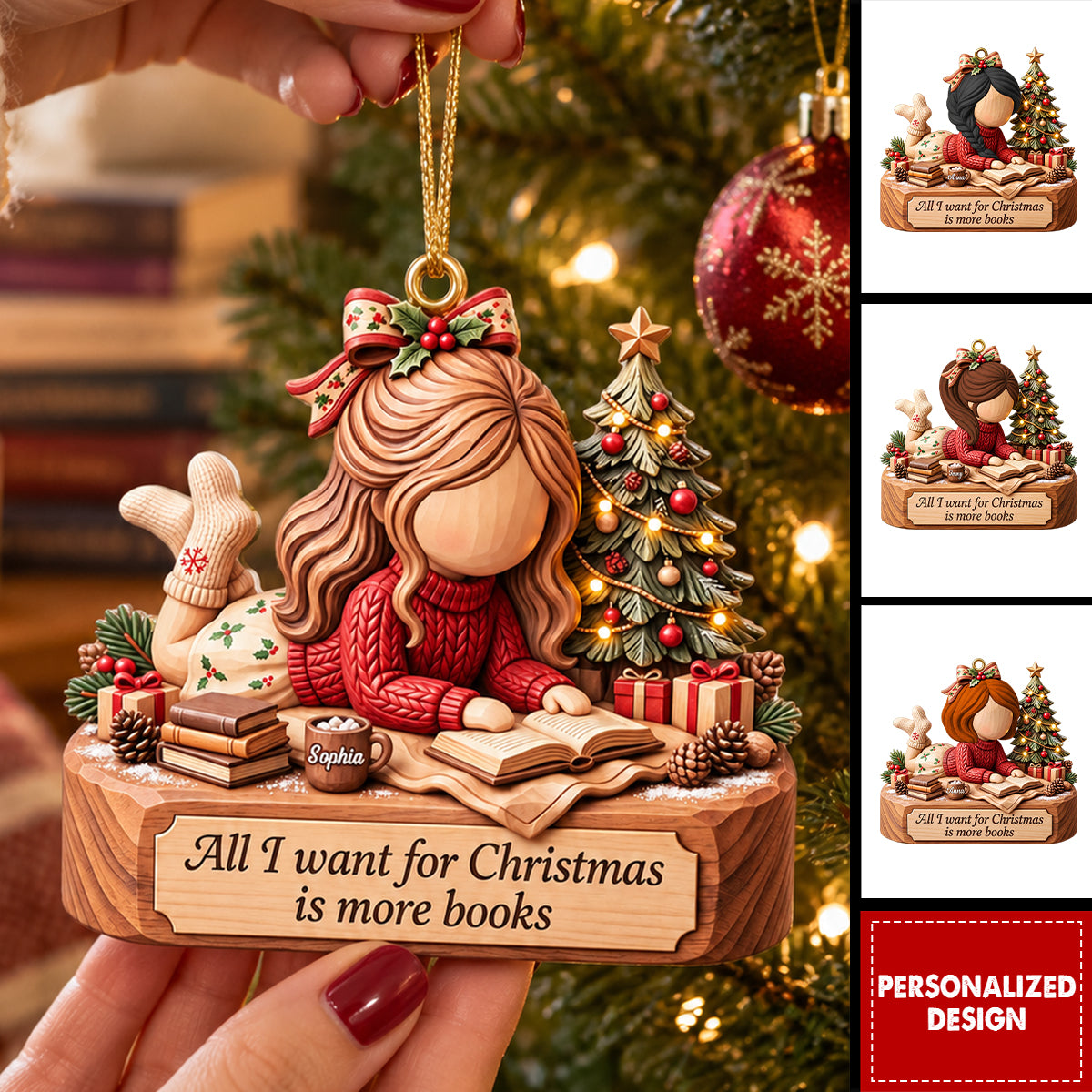 Personalized Bookish Girl Christmas Custom Shape Ornament, Custom Gift For Book Lovers