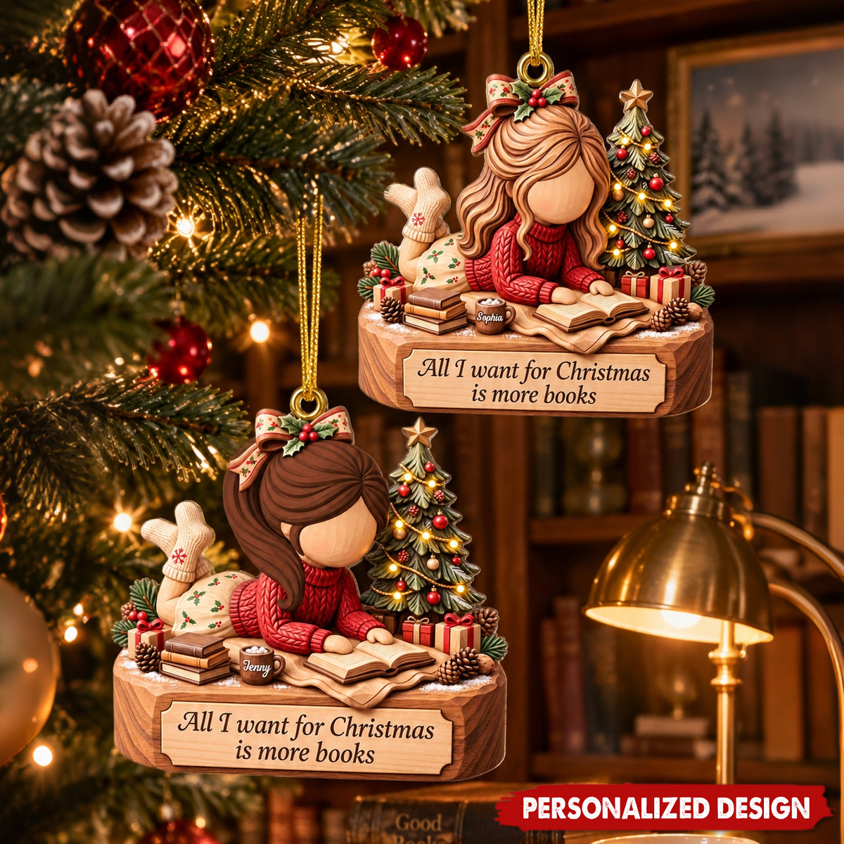 Personalized Bookish Girl Christmas Custom Shape Ornament, Custom Gift For Book Lovers