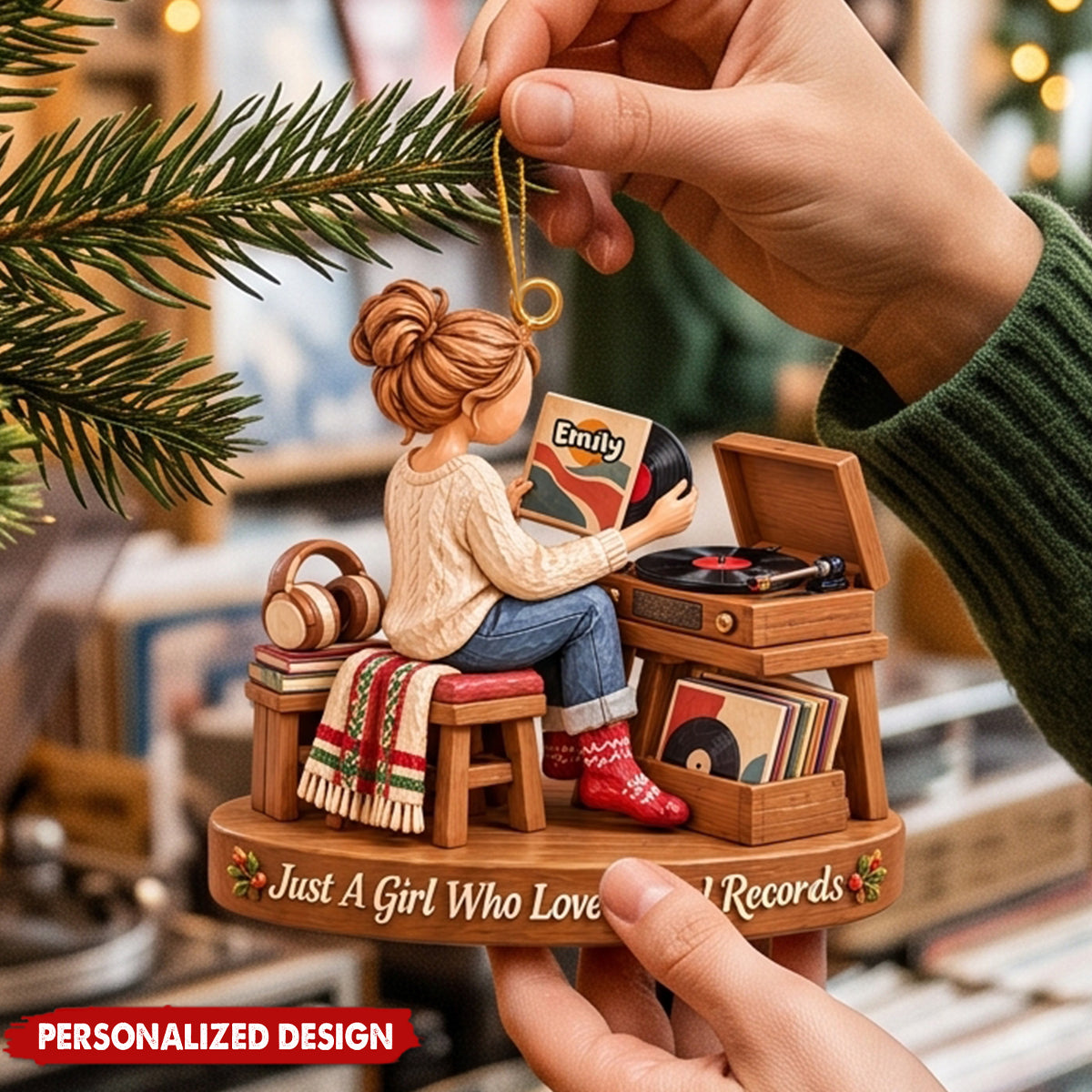 Personalized Vinyl Record Girl Ornament, Custom Christmas Gift For Vinyl Records Lovers