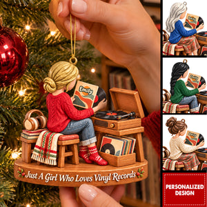 Personalized Vinyl Record Girl Ornament, Custom Christmas Gift For Vinyl Records Lovers