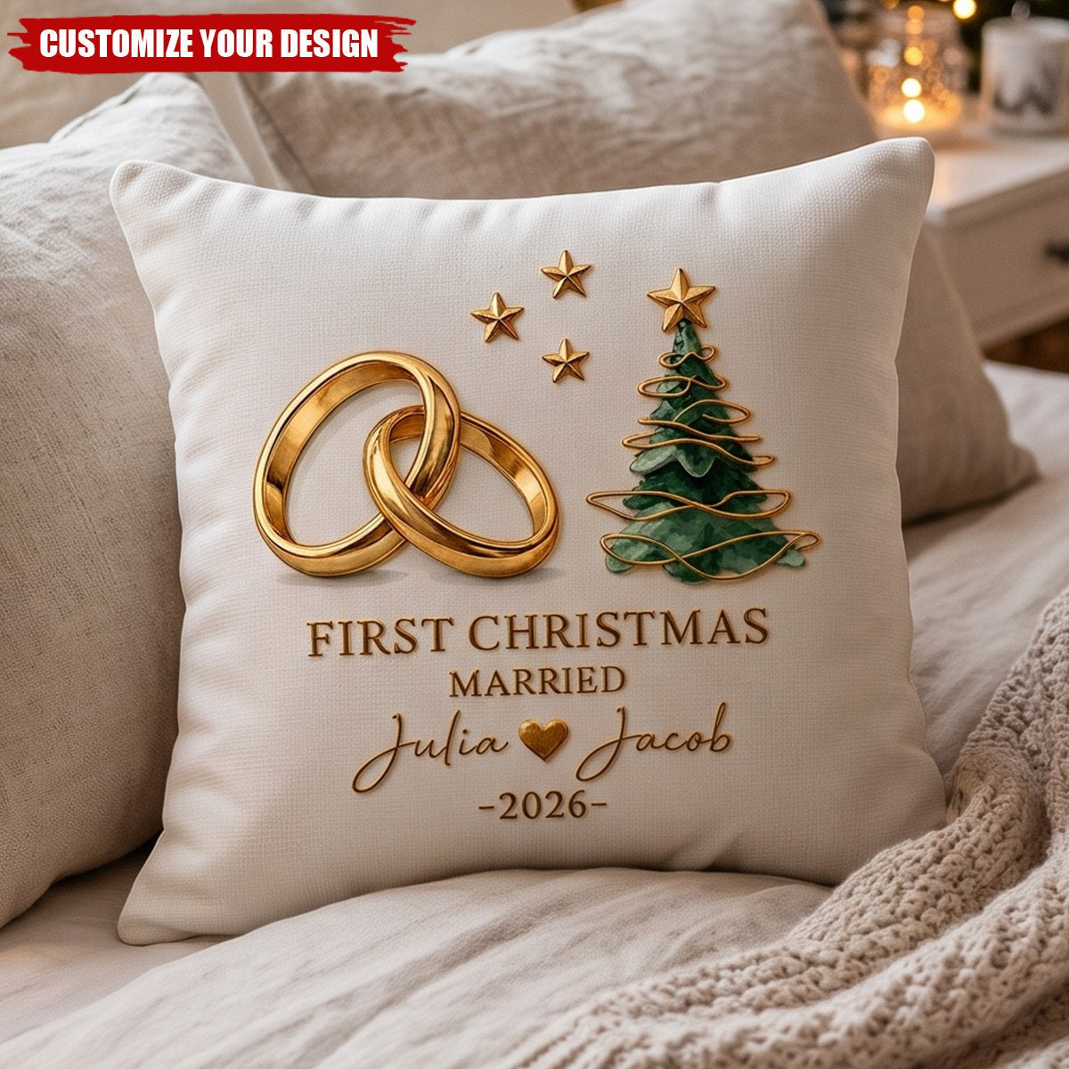 Personalized First Christmas Married Pillow - Custom Couple Names & Year Keepsake Gift For Newlyweds