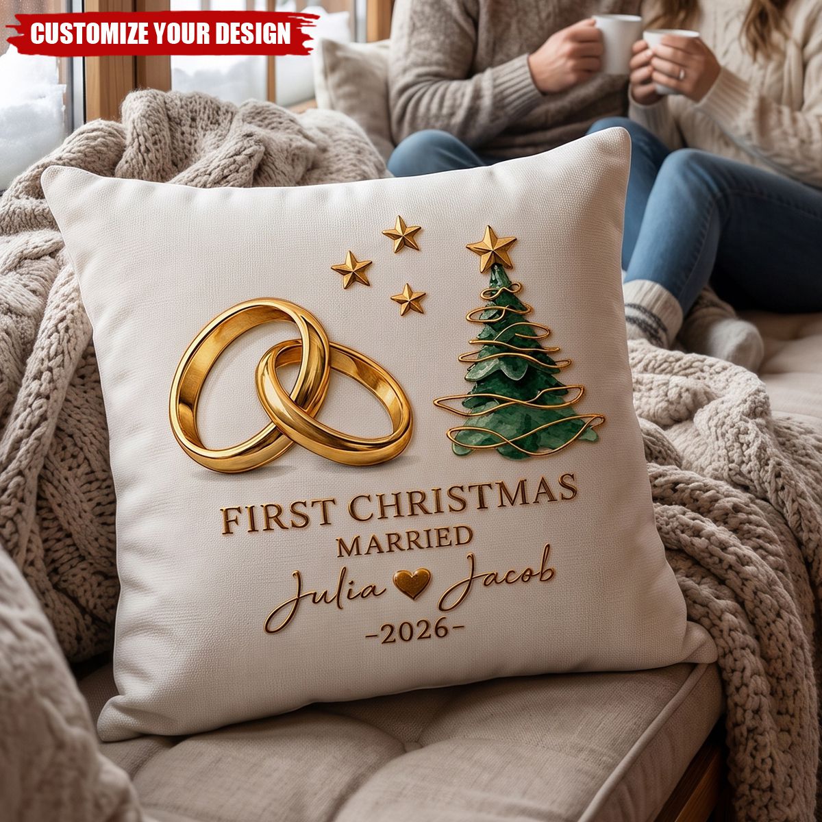 Personalized First Christmas Married Pillow - Custom Couple Names & Year Keepsake Gift For Newlyweds