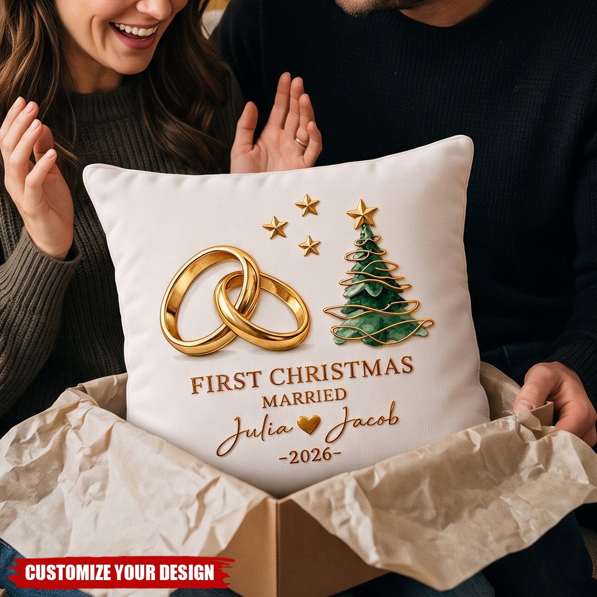 Personalized First Christmas Married Pillow - Custom Couple Names & Year Keepsake Gift For Newlyweds