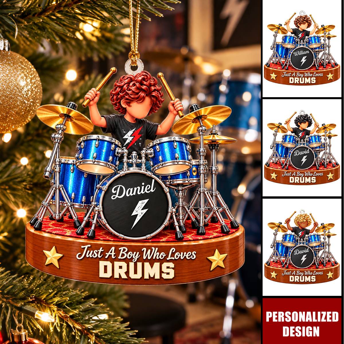 Personalized Drumming Boy Ornament - Custom Christmas Gift For Drummer