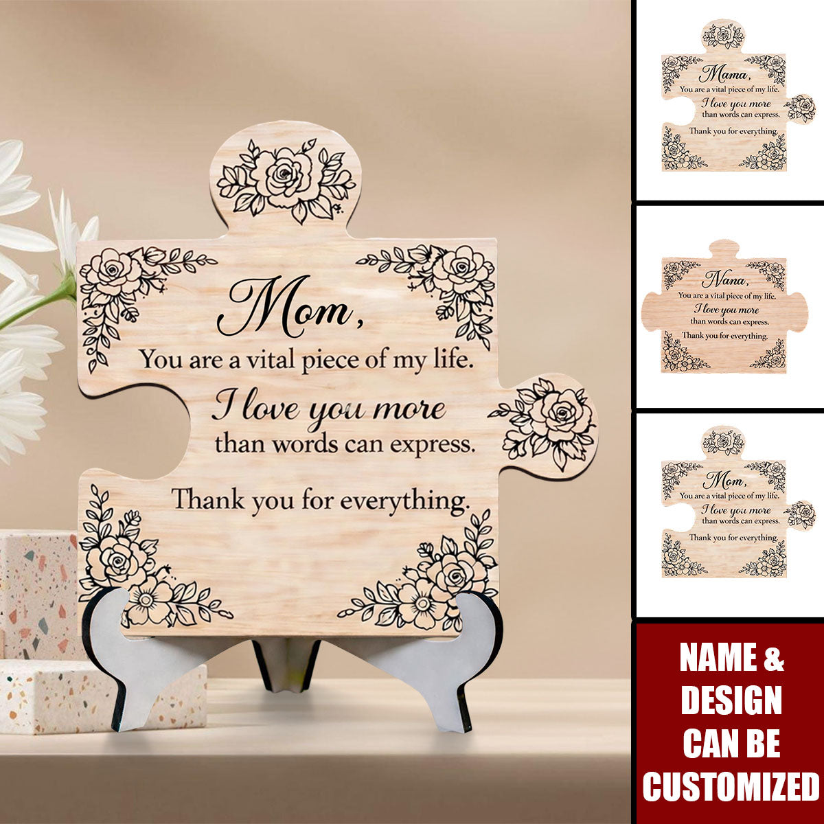 Personalized Floral Wooden Puzzle Plaque - Mother's Day Gift for Mom