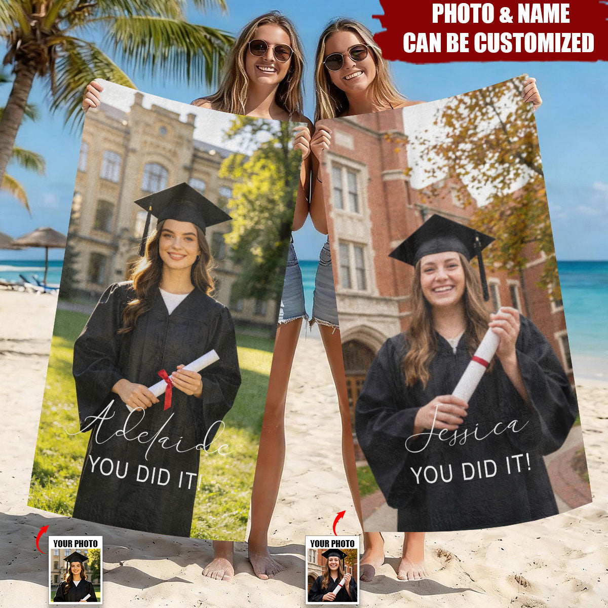 Custom Graduation Photo Beach Towel - Personalized College Graduates Beach Towel, 2026 Grad Gifts