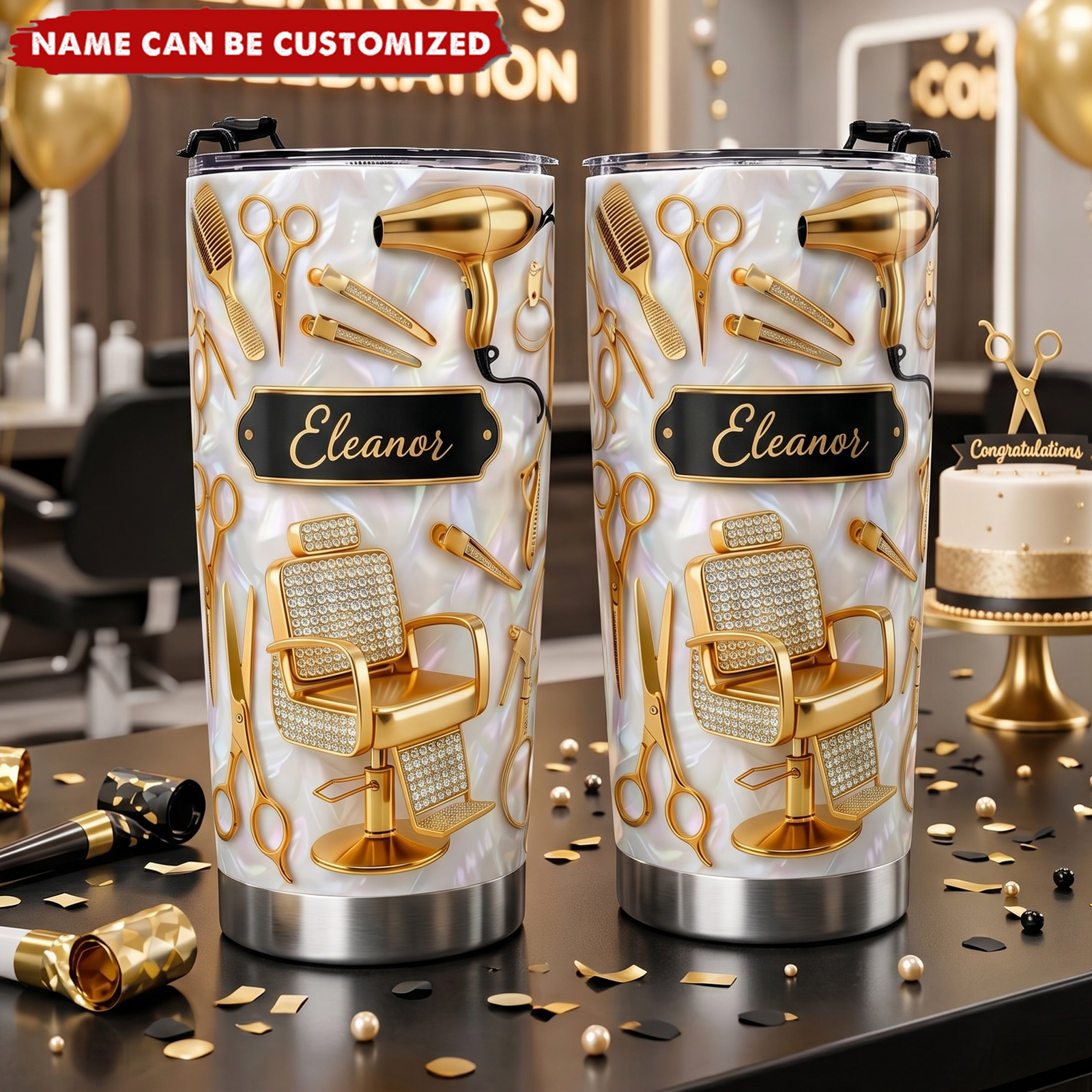 Personalized Hairstylist Gold Tools Tumbler, Gift For Hairdresser