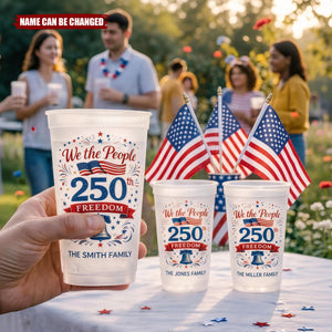 Personalized Family Name USA 250th Anniversary Frosted Cup, Patriotic Party Decor