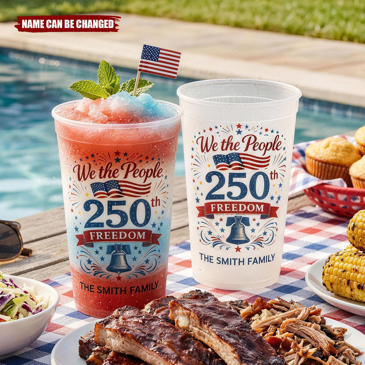 Personalized Family Name USA 250th Anniversary Frosted Cup, Patriotic Party Decor