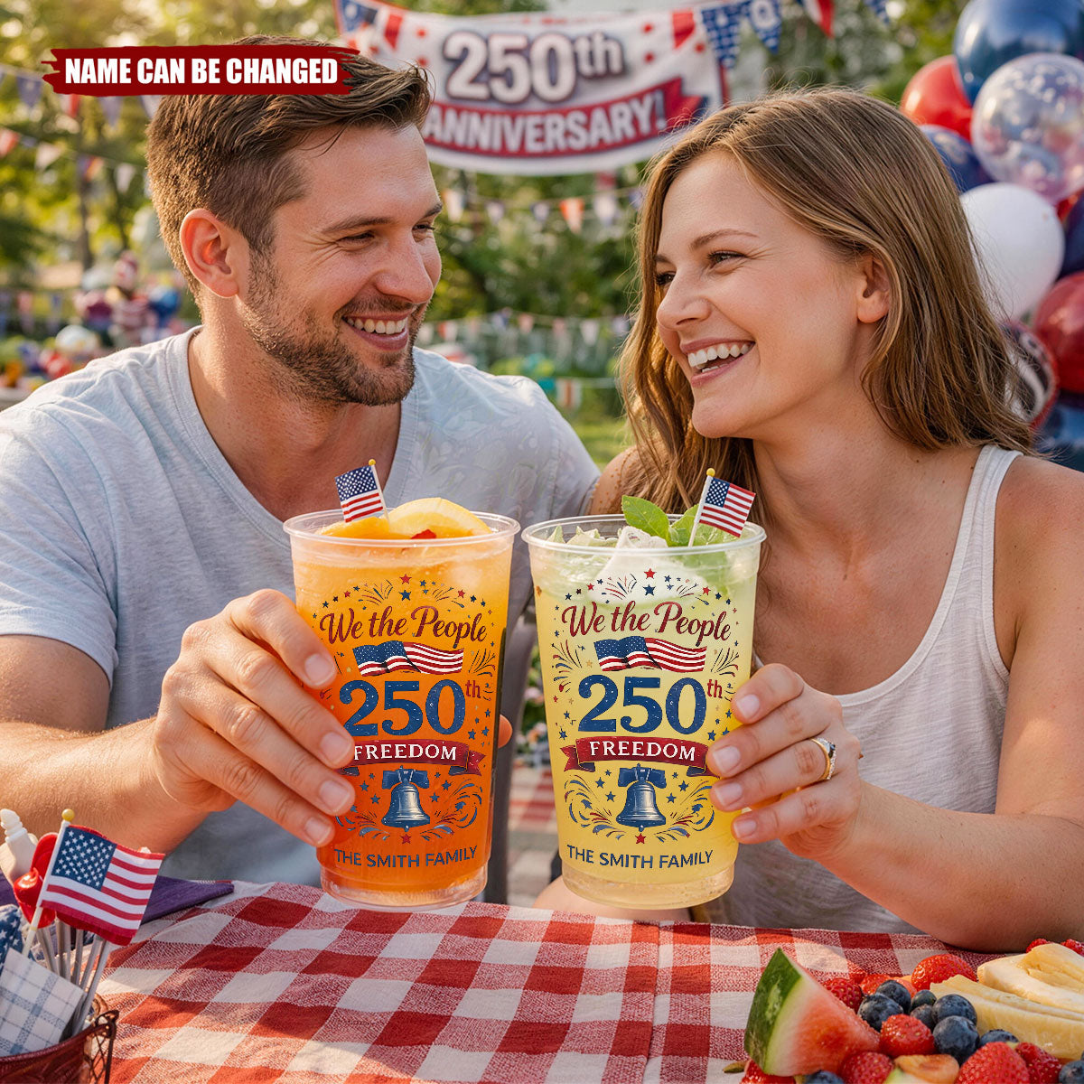 Personalized Family Name USA 250th Anniversary Frosted Cup, Patriotic Party Decor
