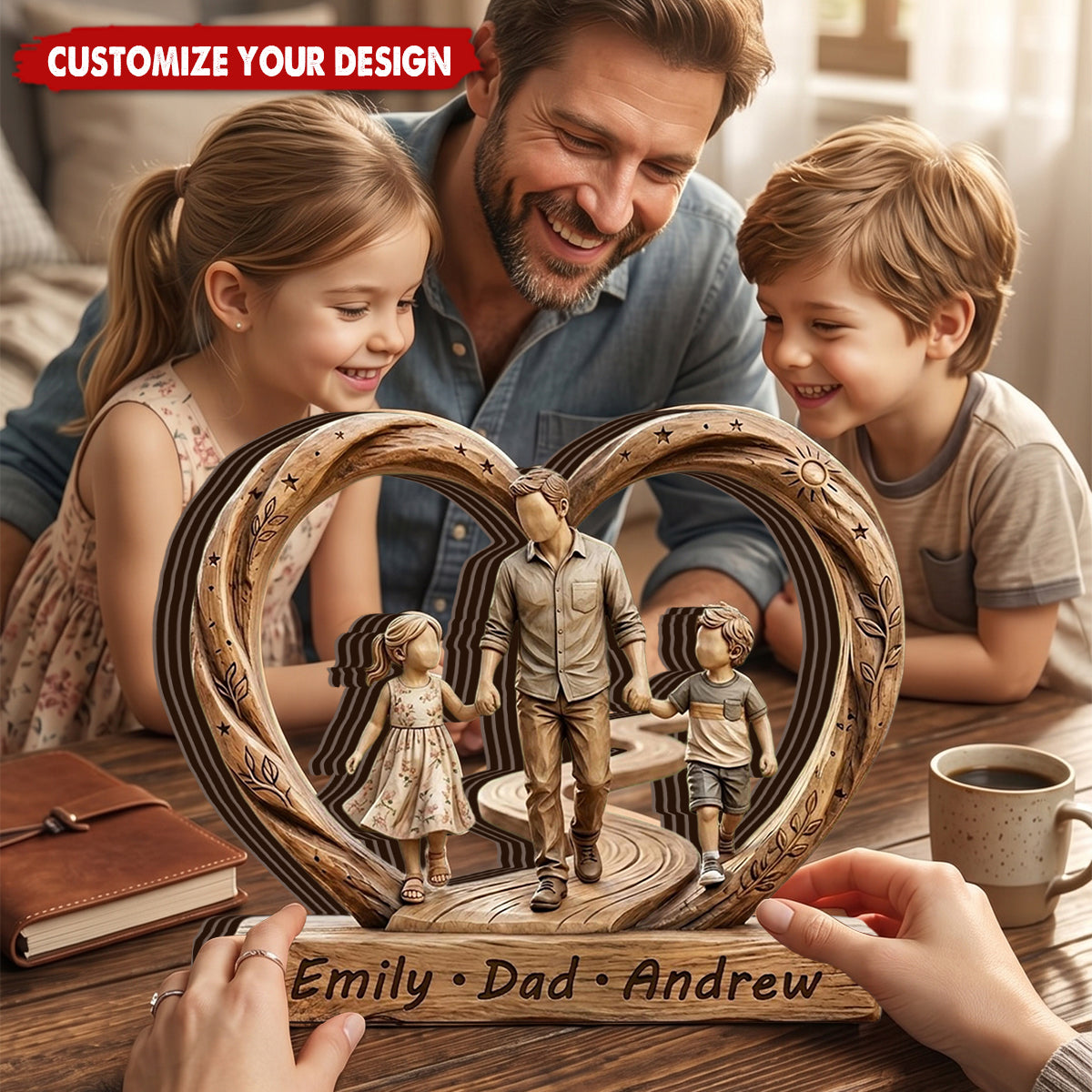 Personalized Dad And Kids Wooden Heart Plaque, Father’s Day Gift