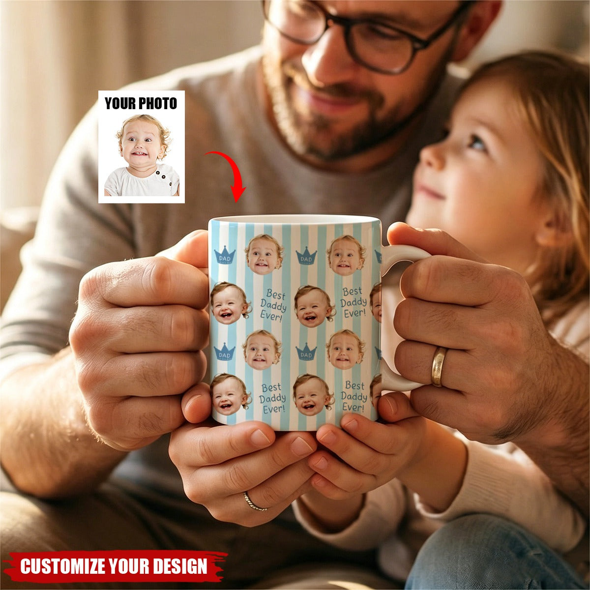 Custom Baby Face Coffee Cup - Personalized Photo Mug for Dad Grandpa, Father’s Day Gift