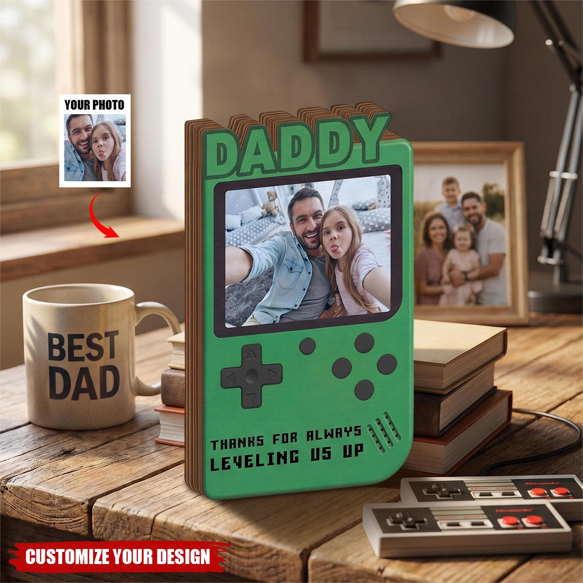 Retro Game Console Photo Wooden Block Sign - Personalized Fathers Day Gift for Gamer Dad