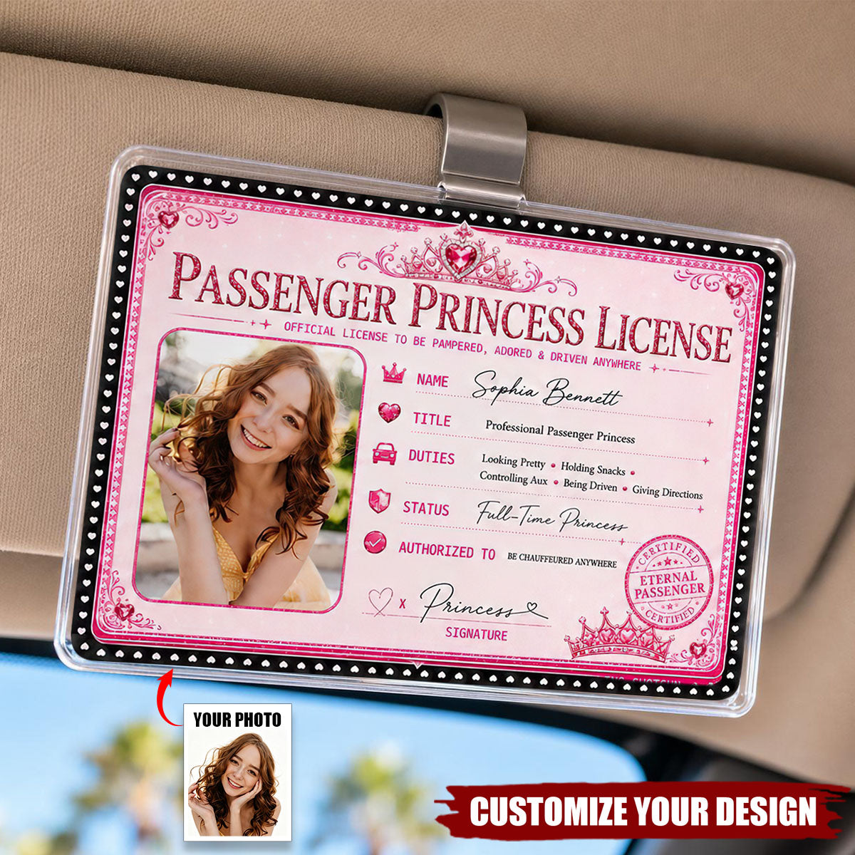 Custom Photo Funny Passenger Princess License - Personalized Acrylic Car Visor Clip