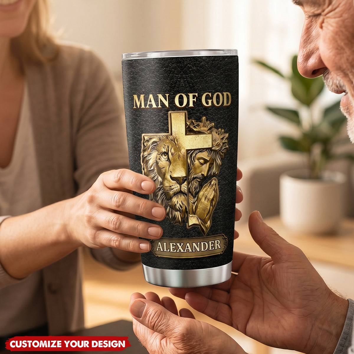 Lion Cross Bible Verse Tumbler - Personalized Man of God Tumbler, Christian Gift for Men