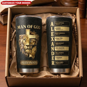 Lion Cross Bible Verse Tumbler - Personalized Man of God Tumbler, Christian Gift for Men