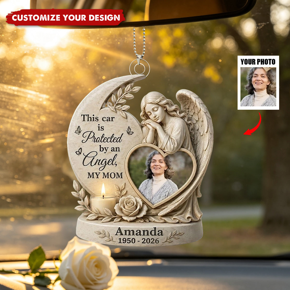 Custom Photo Guardian Angel Memorial Car Hanging - Personalized Acrylic Ornament, Loss of Mom Gift