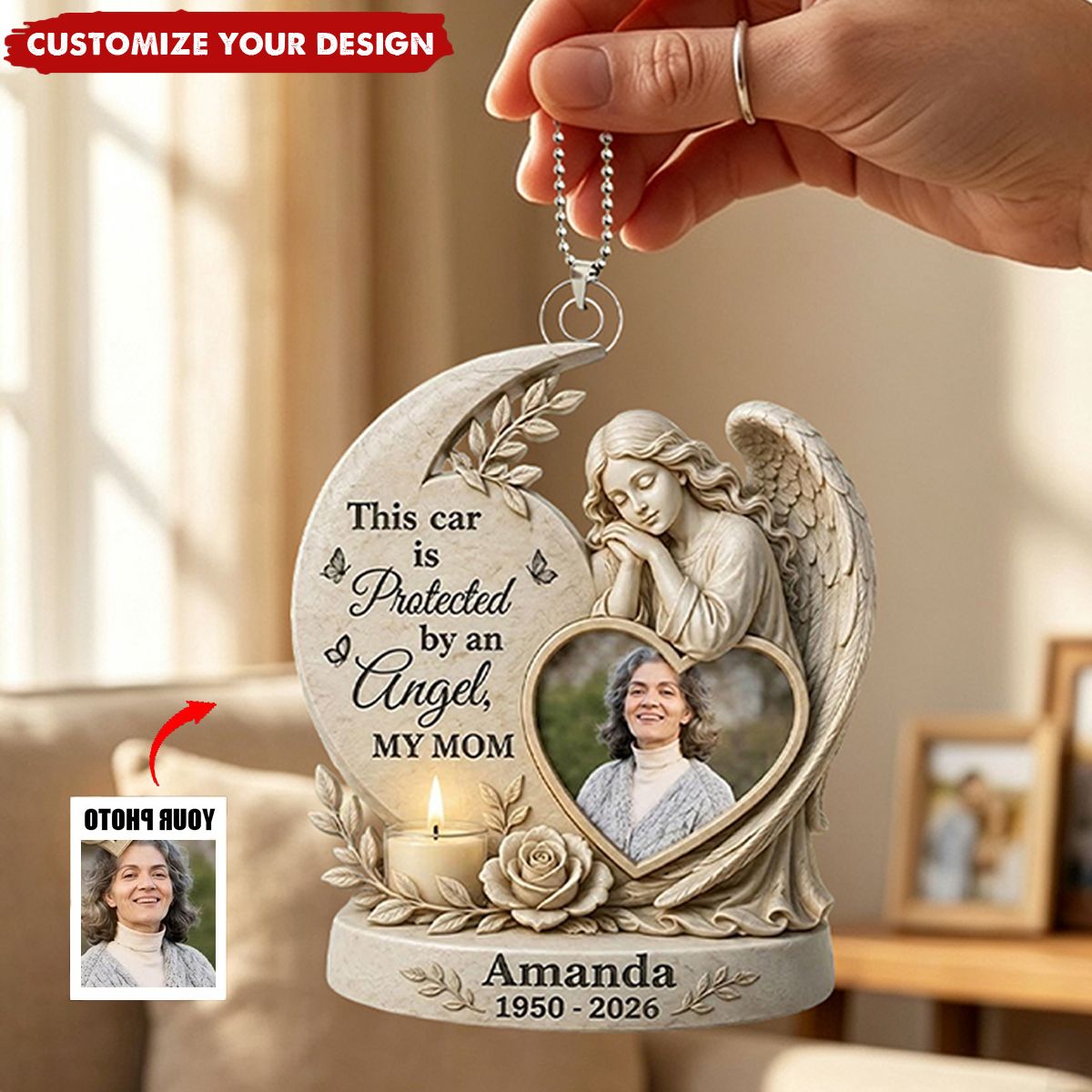 Custom Photo Guardian Angel Memorial Car Hanging - Personalized Acrylic Ornament, Loss of Mom Gift