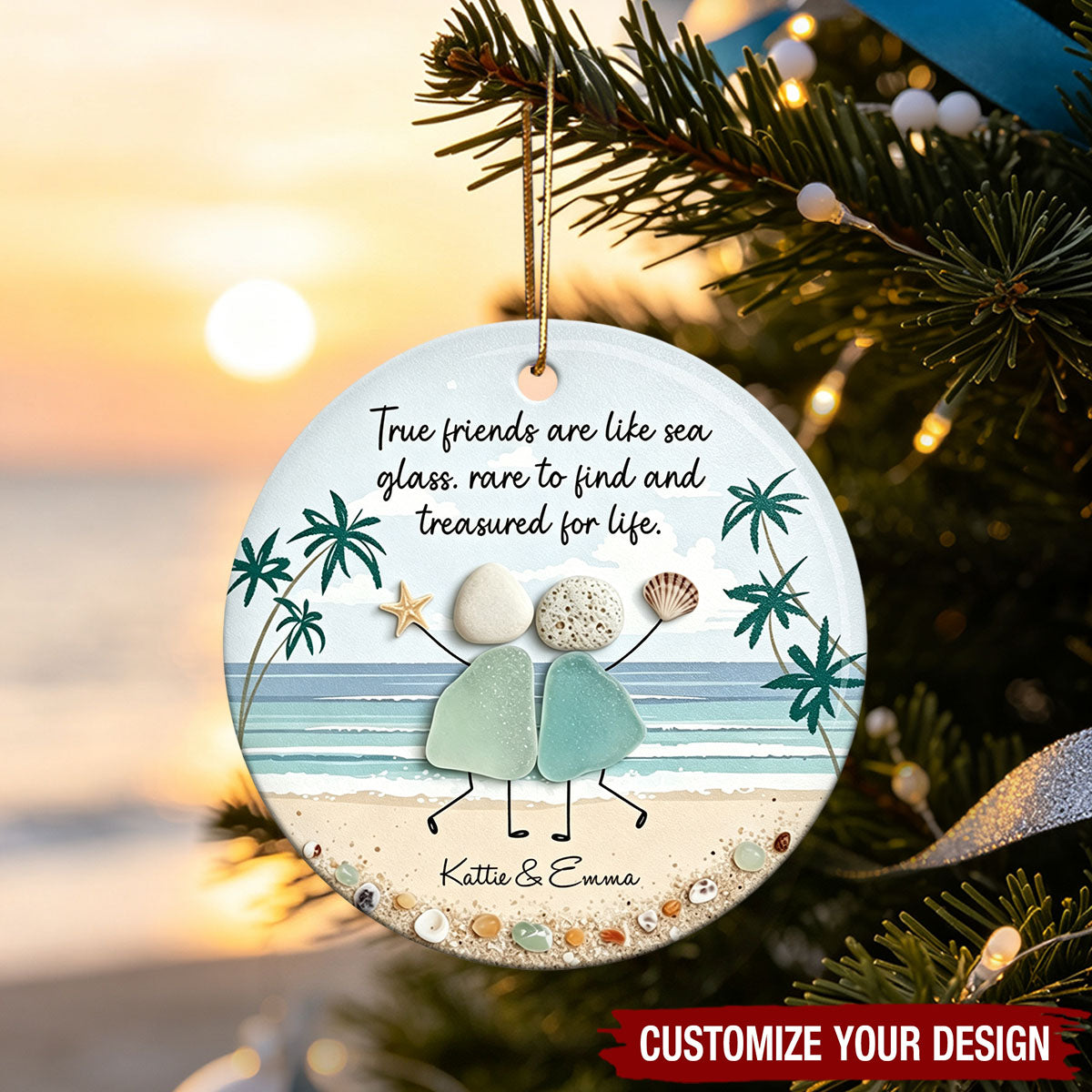 Custom Sea Glass Coastal Friendship Gift for Besties - Personalized Ceramic Christmas Ornament